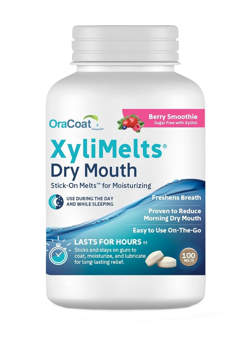 OraCoat XyliMelts Dry Mouth Relief Moisturizing Stick-On-Melts with Xylitol, 100 Count, Berry Smoothie, Helps Stimulate Saliva for Dry Mouth, Non-Acidic, Day & Night Use, Time Release for Up to 8-Hour