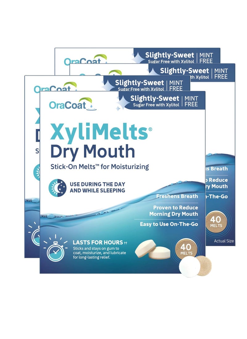 OraCoat XyliMelts Dry Mouth Relief Moisturizing Oral Adhering Discs 40 Count, 4 Pack, Slightly-Sweet with Xylitol, for Dry Mouth, Stimulates Saliva