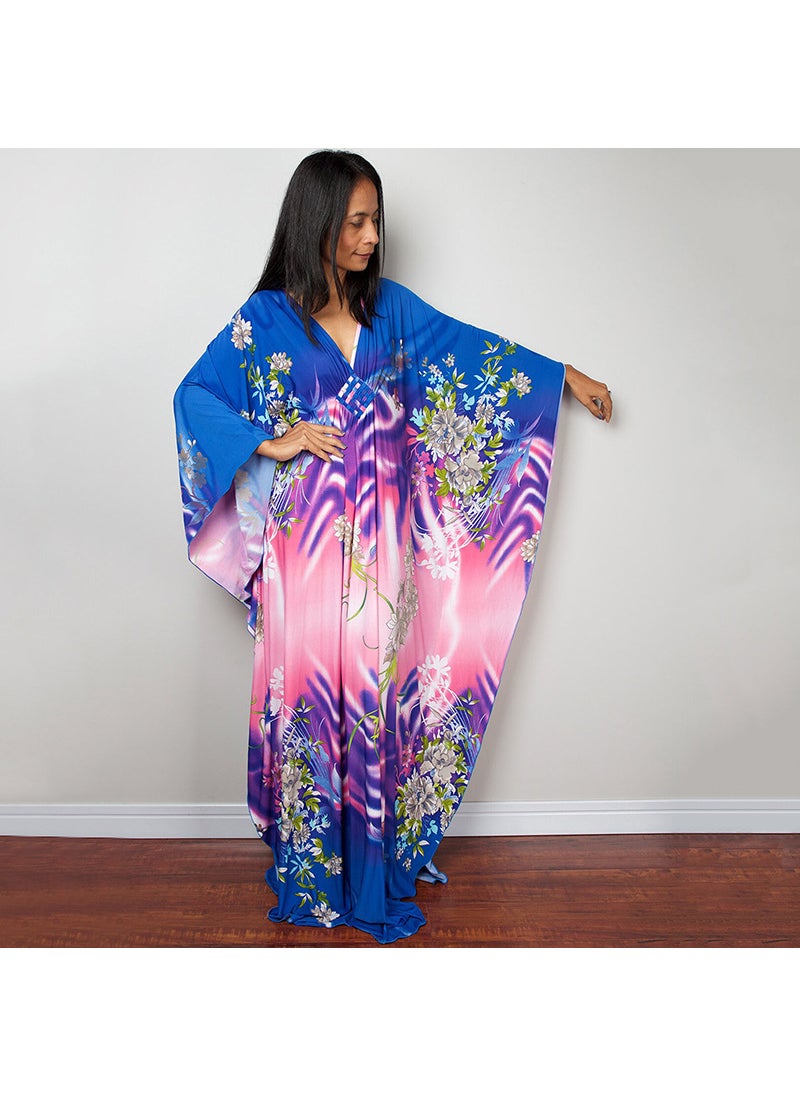 New Boho Beach Maxi Dress Bikini Cover-Up Blue Powder Flower (ZS1743-24)