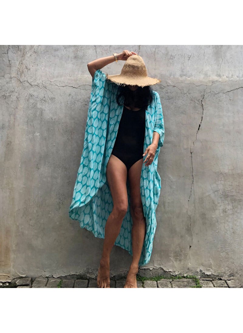 Bohemian Cotton Tie-Dye Cardigan Beach Cover-Up Hole Blue Leaf (ZS1660-2)