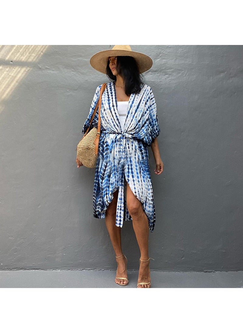 Bohemian Cotton Tie-Dye Cardigan Beach Cover-Up Blue and White (ZS1660-16)