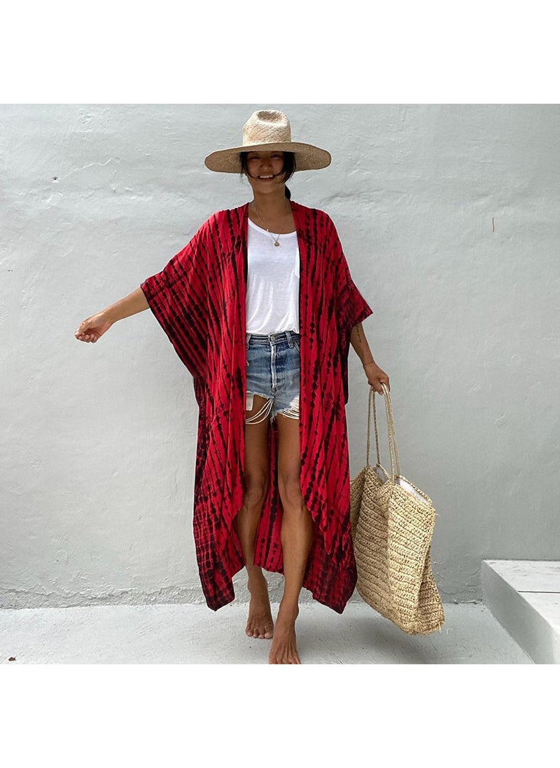 Bohemian Cotton Tie-Dye Cardigan Beach Cover-Up Red (ZS1660-3)