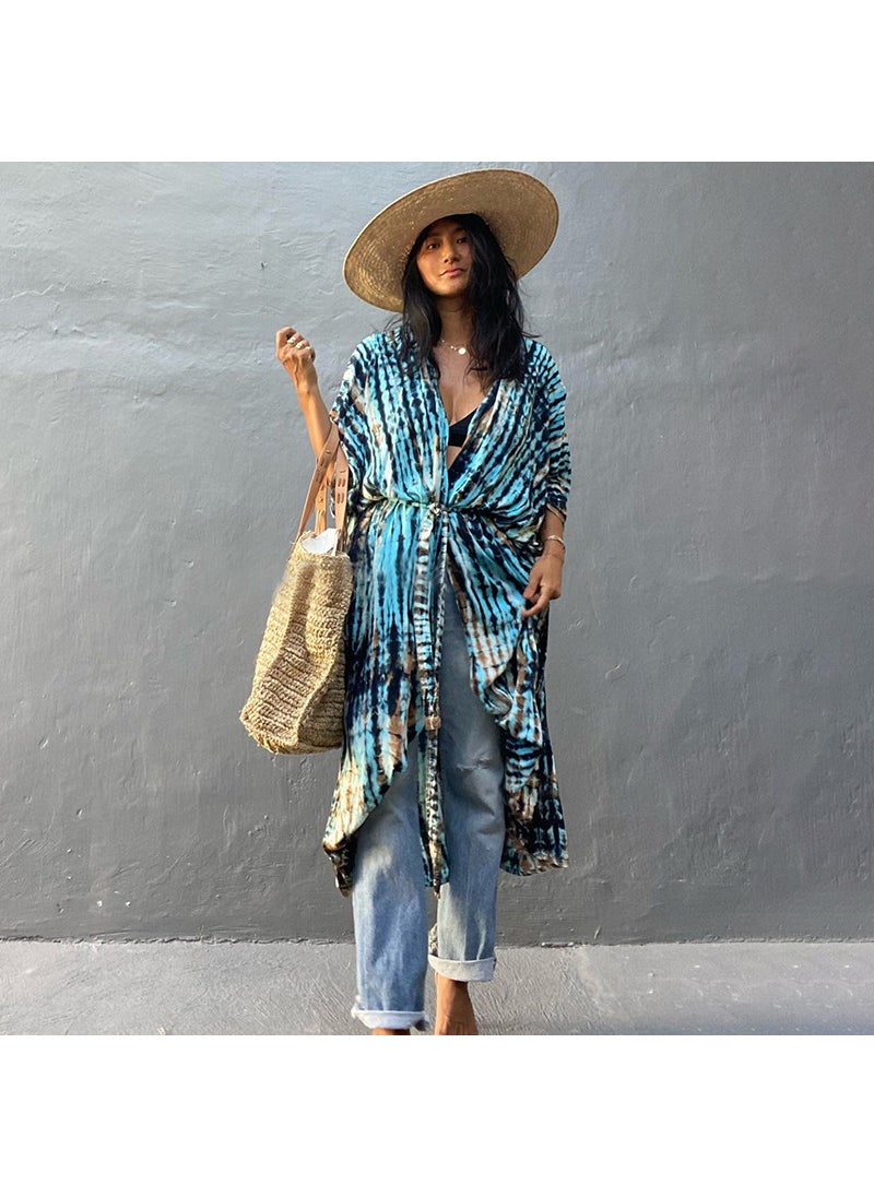 Bohemian Cotton Tie-Dye Cardigan Beach Cover-Up Blue coffee bar (ZS1660-13)