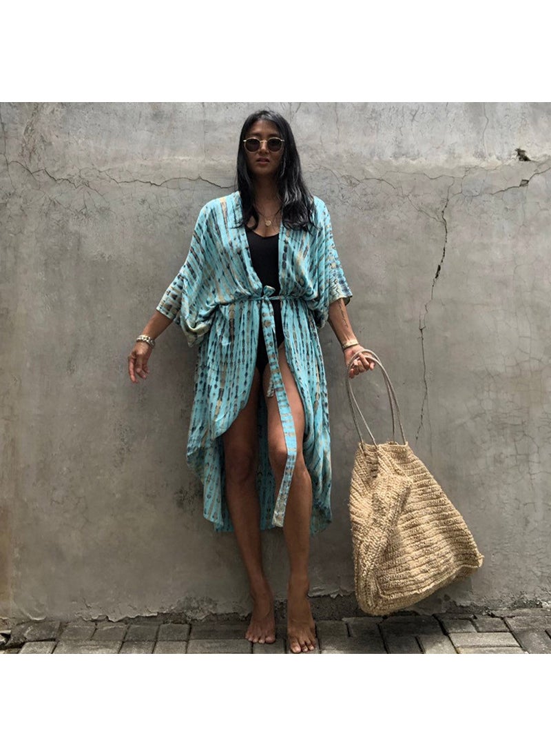 Bohemian Cotton Tie-Dye Cardigan Beach Cover-Up Blue and Yellow (ZS1660-7)
