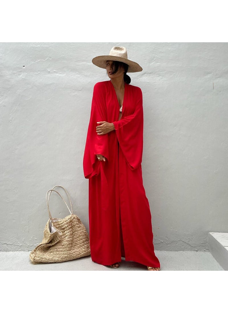 New Cotton Loose Long Cardigan Beach Sun Protection Cover-Up Swimwear Women Red (ZS1848)