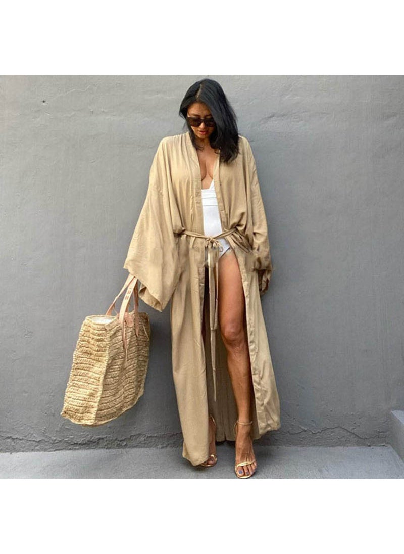 New Cotton Loose Long Cardigan Beach Sun Protection Cover-Up Swimwear Women Apricot (ZS1848)