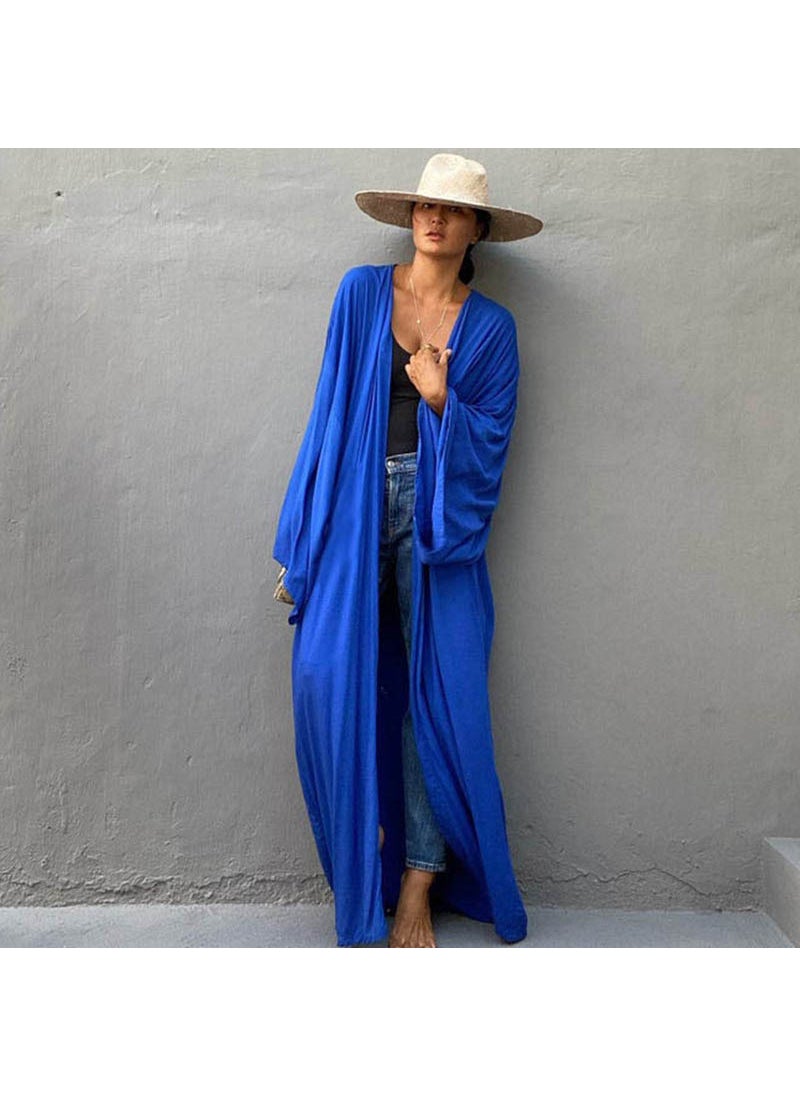 New Cotton Loose Long Cardigan Beach Sun Protection Cover-Up Swimwear Women Royal Blue (ZS1848)