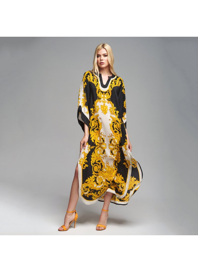 New Bohemian Polyester Beach Maxi Dress for Women ZS2070-3 yellow flowers on black background