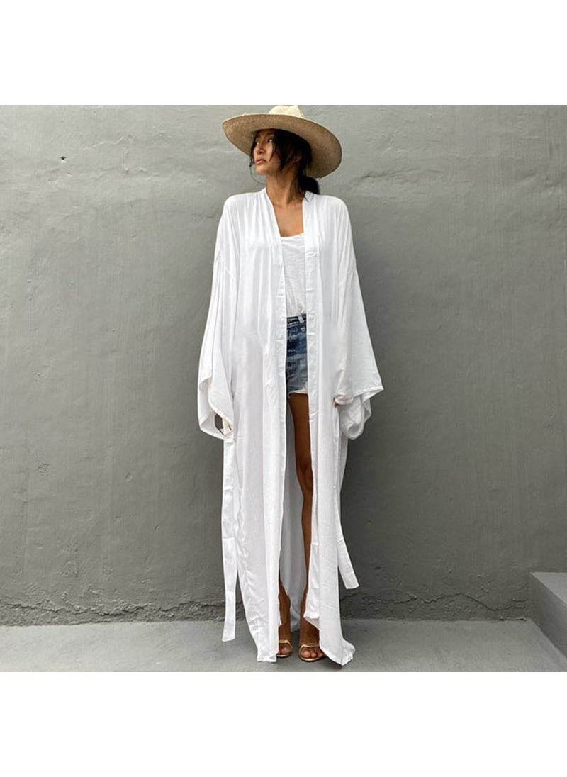 New Cotton Loose Long Cardigan Beach Sun Protection Cover-Up Swimwear Women White (ZS1848)