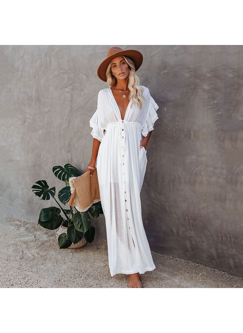 Solid Color Beach Cover-Up Maxi Dress UV Protection White