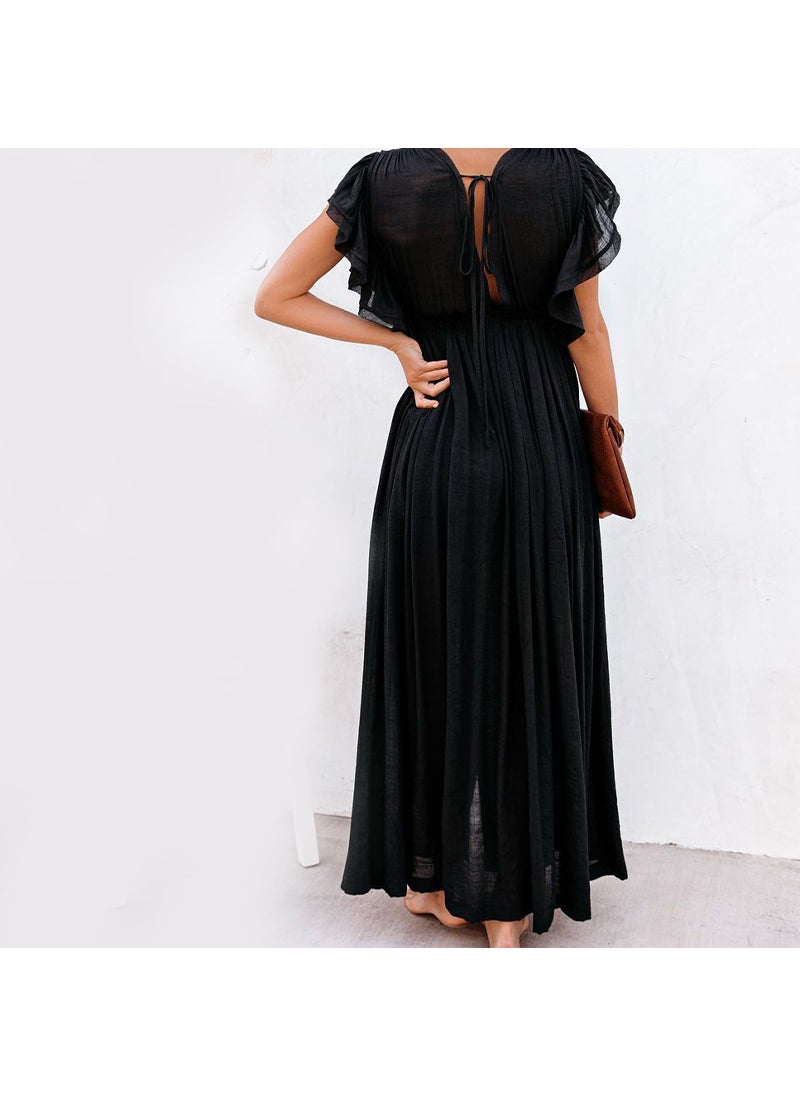 Solid Color Beach Cover-Up Maxi Dress UV Protection Black