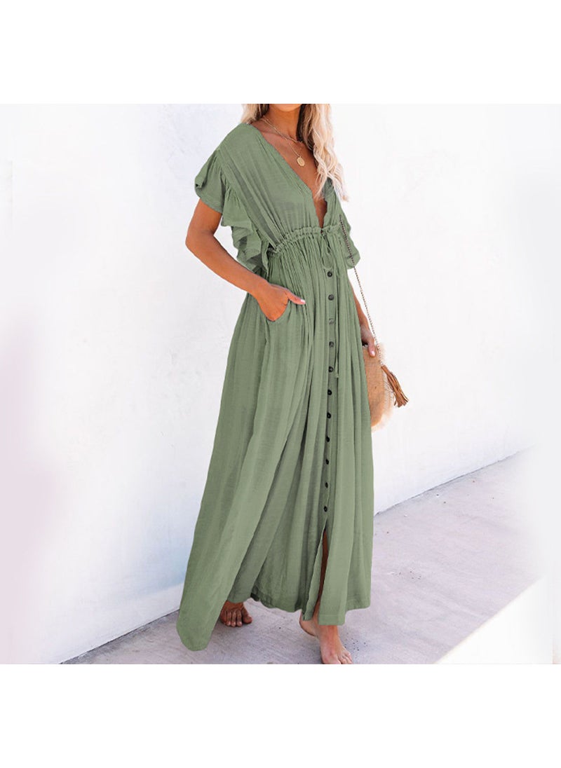 Solid Color Beach Cover-Up Maxi Dress UV Protection Olive green