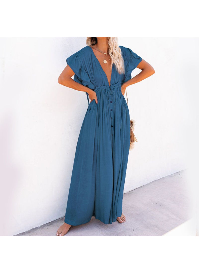 Solid Color Beach Cover-Up Maxi Dress UV Protection Dark Blue