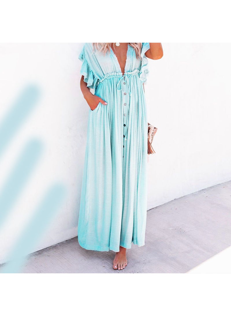 Solid Color Beach Cover-Up Maxi Dress UV Protection Light Blue