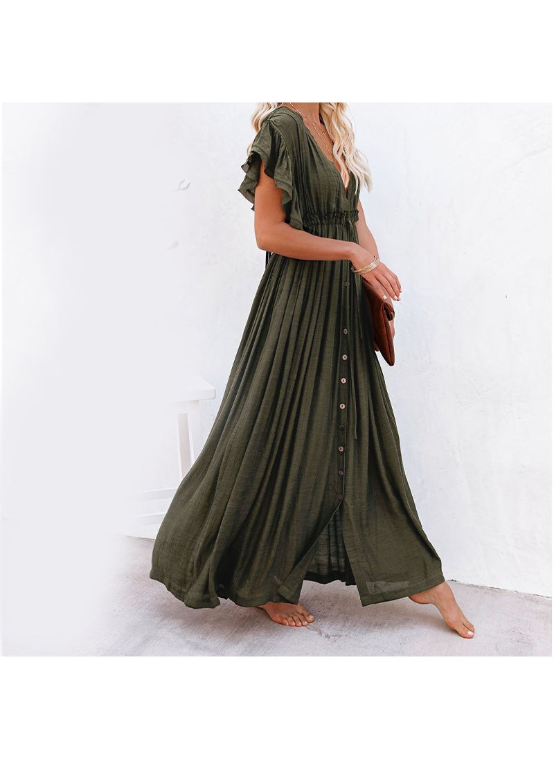 Solid Color Beach Cover-Up Maxi Dress UV Protection Dark army green