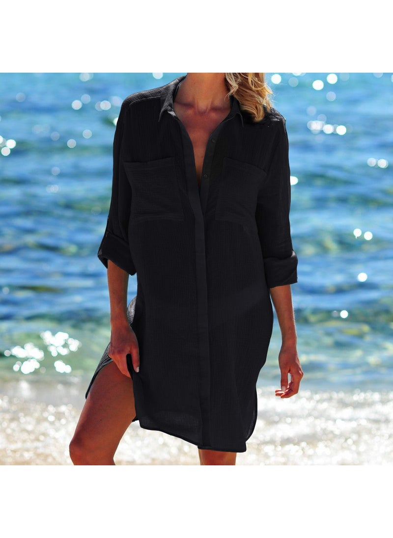 Crinkle Fabric Pocket Cover-Up Bikini Shirt black