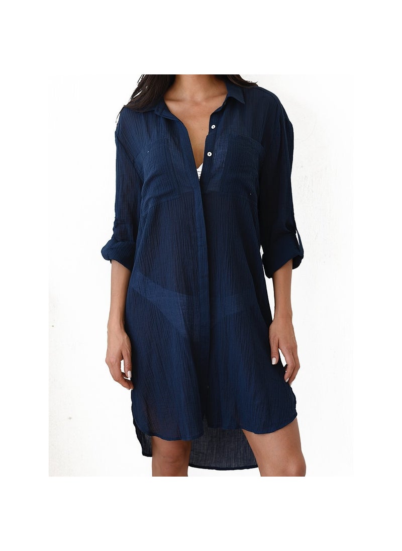 Crinkle Fabric Pocket Cover-Up Bikini Shirt dark blue