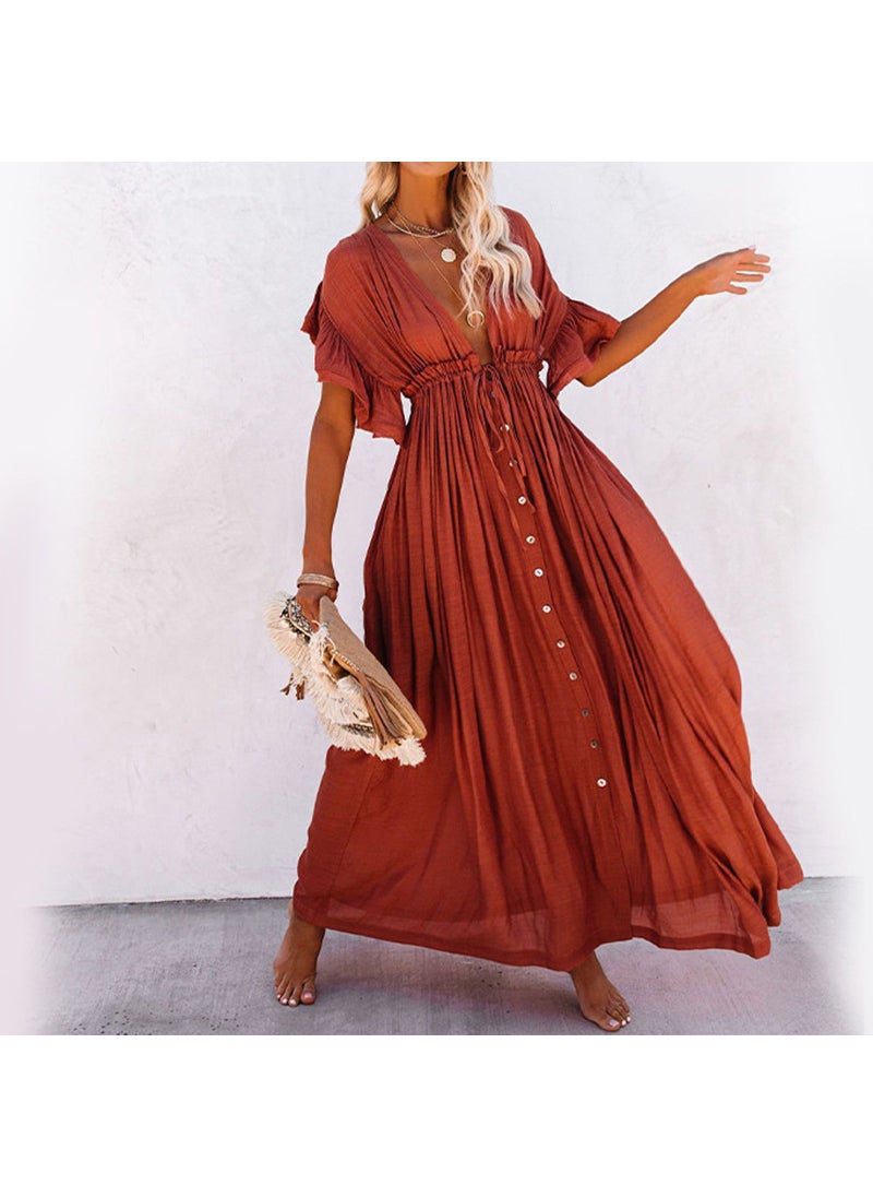 Solid Color Beach Cover-Up Maxi Dress UV Protection Orange Red