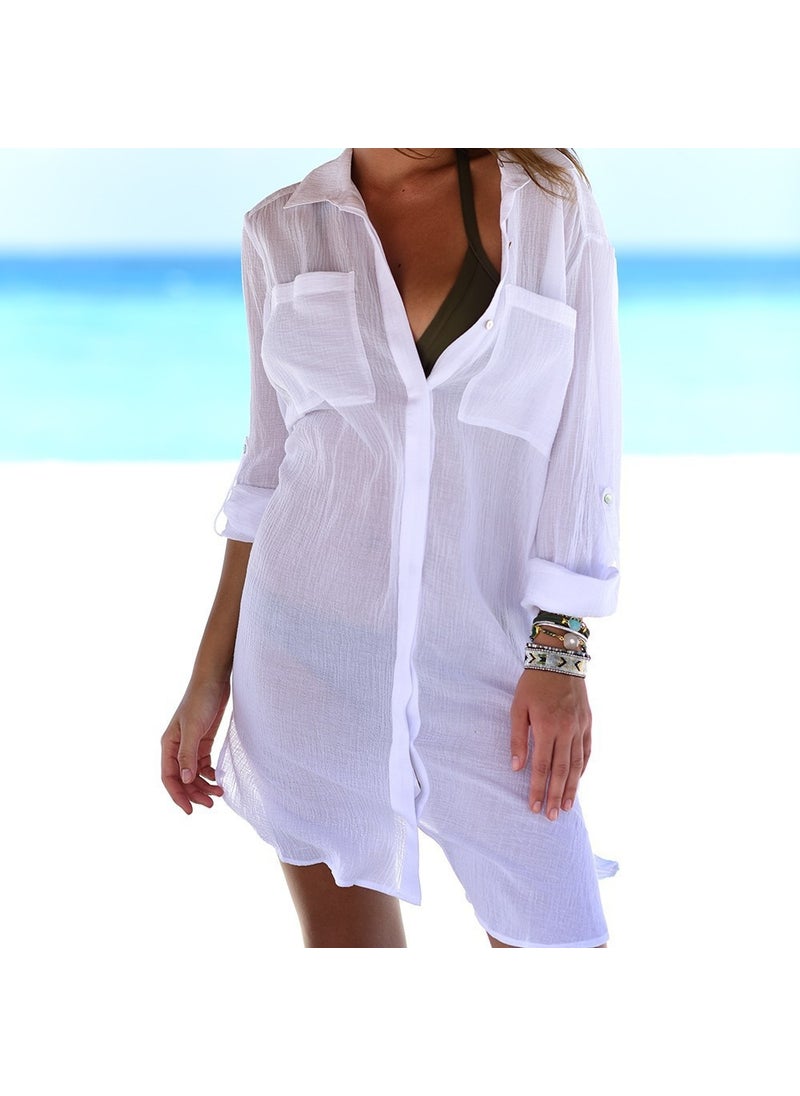 Crinkle Fabric Pocket Cover-Up Bikini Shirt White