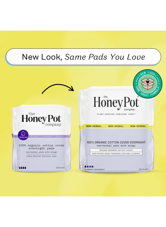 The Honey Pot Company - Non-Herbal Overnight Pads with Wings - Organic Pads for Women - Cotton Cover, and Ultra-Absorbent Pulp Core. 12 ct.