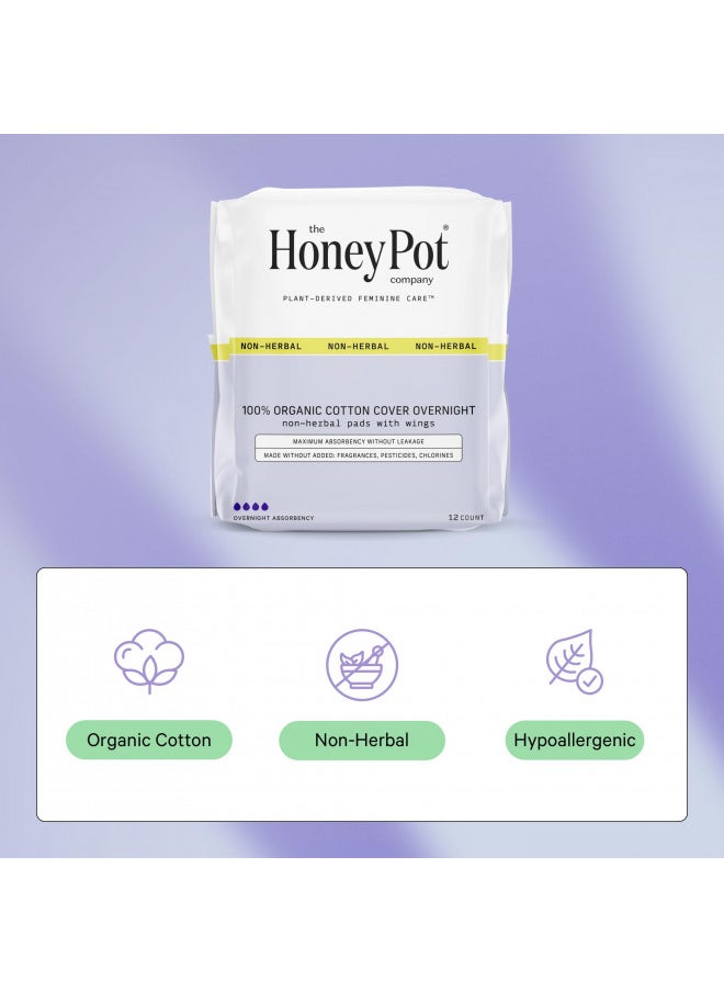 The Honey Pot Company - Non-Herbal Overnight Pads with Wings - Organic Pads for Women - Cotton Cover, and Ultra-Absorbent Pulp Core. 12 ct.