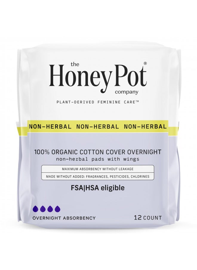 The Honey Pot Company - Non-Herbal Overnight Pads with Wings - Organic Pads for Women - Cotton Cover, and Ultra-Absorbent Pulp Core. 12 ct.