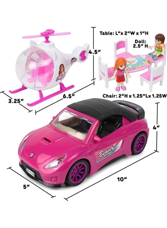 Ultimate Doll Adventure Set – Fashion Sport Car & Helicopter Camper Playset with Lights, Sounds, 2 Figurines, Dining Table & Accessories | Perfect Gift for Girls