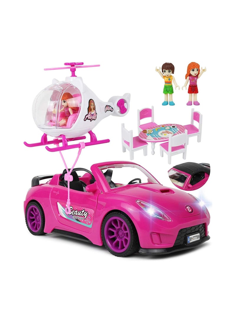 Ultimate Doll Adventure Set – Fashion Sport Car & Helicopter Camper Playset with Lights, Sounds, 2 Figurines, Dining Table & Accessories | Perfect Gift for Girls