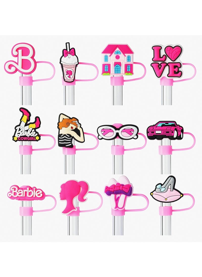 12 Pack Fashion Pink Barbie Style Straw Covers Straw Caps 10mm Diameter Straw Decoration Dust-proof Straw Caps