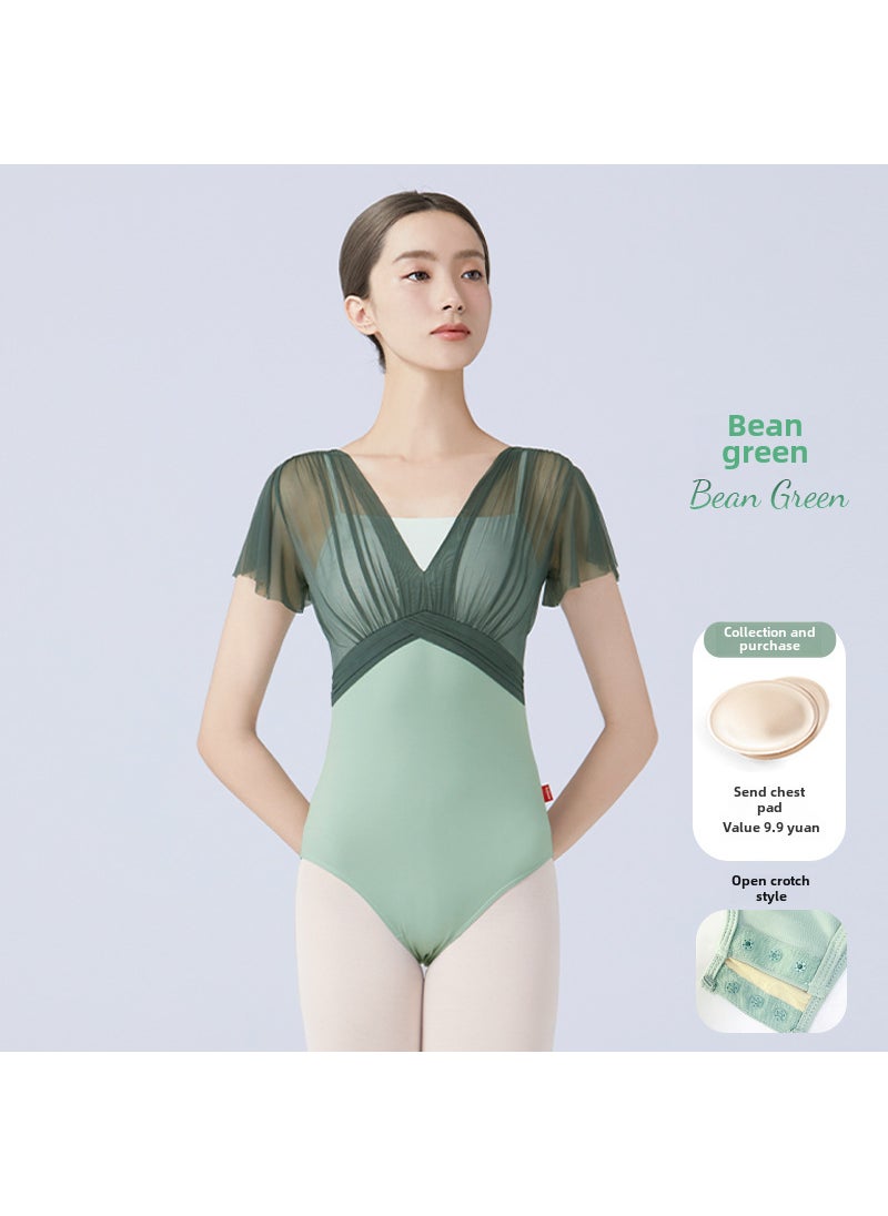 Rhythmic Gymnastics Leotard for Ballet Bean Green-Open Crotch