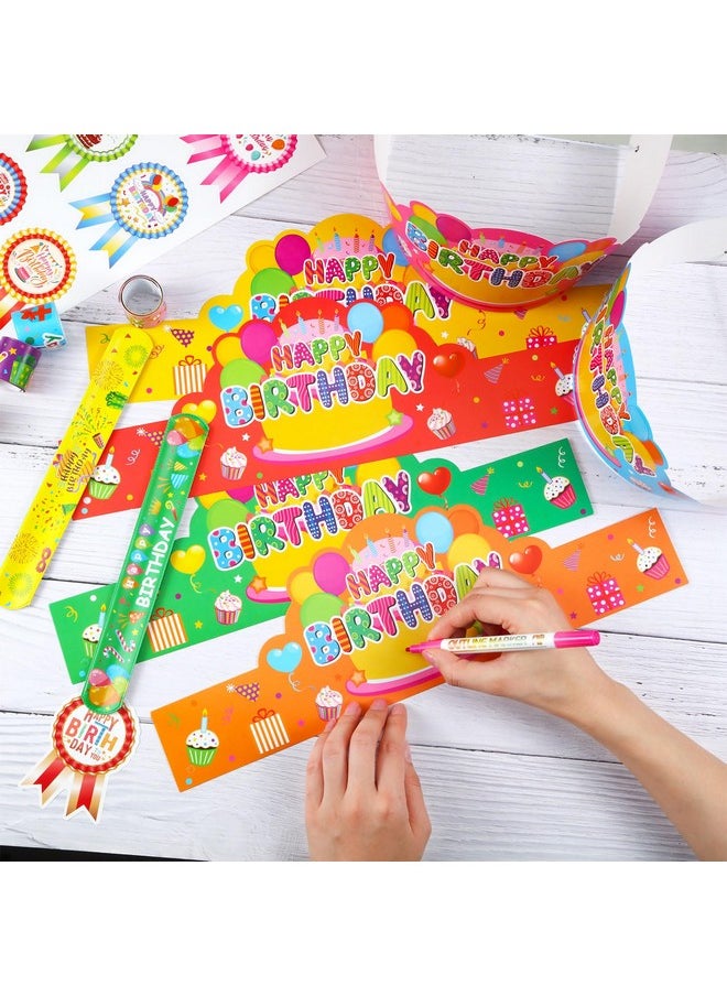 108 Pcs Happy Birthday Party Supplies For Kids Include 36 Birthday Paper Crowns 36 Birthday Badge Stickers 36 Happy Birthday Slap Bracelets For Classroom School Party Supply(Bright Color)