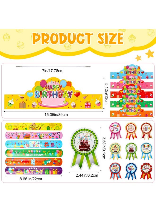 108 Pcs Happy Birthday Party Supplies For Kids Include 36 Birthday Paper Crowns 36 Birthday Badge Stickers 36 Happy Birthday Slap Bracelets For Classroom School Party Supply(Bright Color)