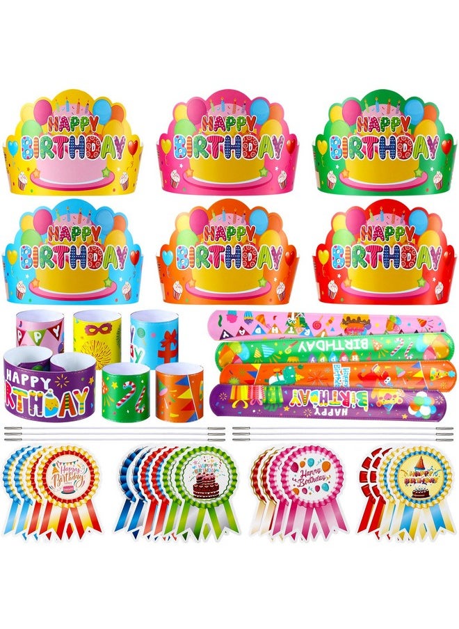 108 Pcs Happy Birthday Party Supplies For Kids Include 36 Birthday Paper Crowns 36 Birthday Badge Stickers 36 Happy Birthday Slap Bracelets For Classroom School Party Supply(Bright Color)