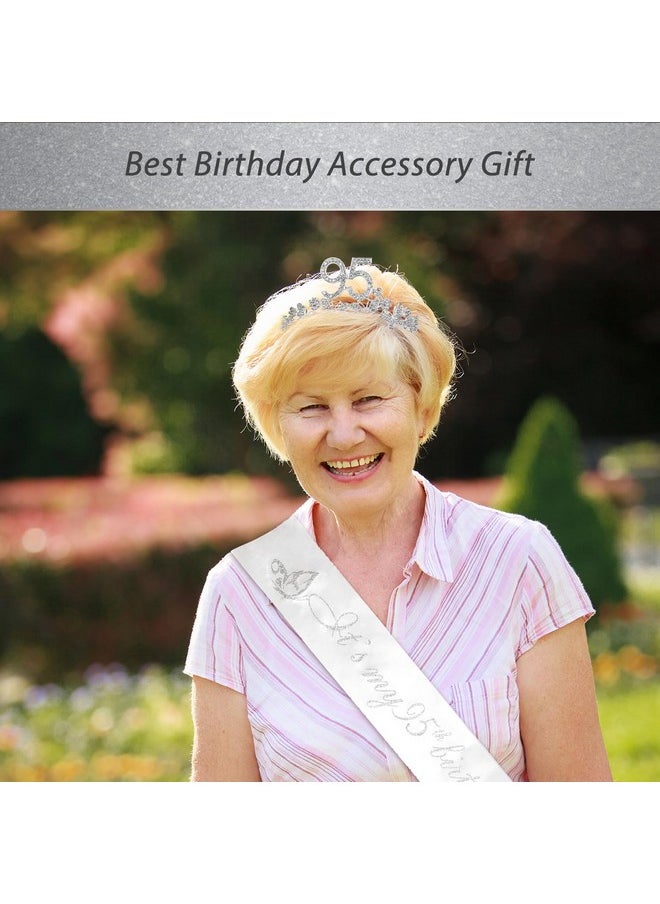 95Th Birthday Sash And Tiara For Women - Fabulous Glitter Sash + Butterflies Rhinestone Silver Premium Metal Tiara For Her, 95Th Birthday Gifts For 95 Celebration