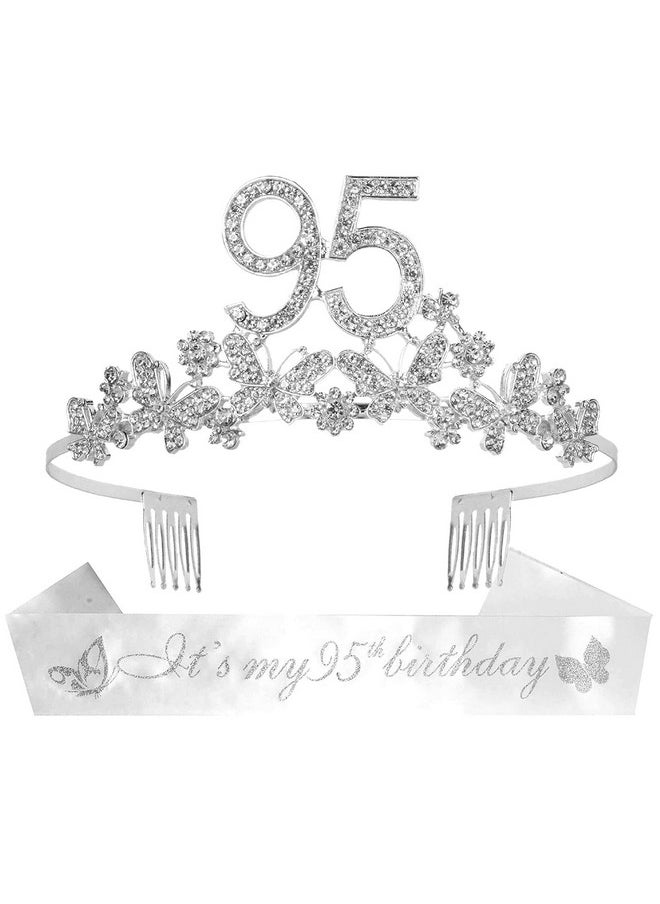 95Th Birthday Sash And Tiara For Women - Fabulous Glitter Sash + Butterflies Rhinestone Silver Premium Metal Tiara For Her, 95Th Birthday Gifts For 95 Celebration