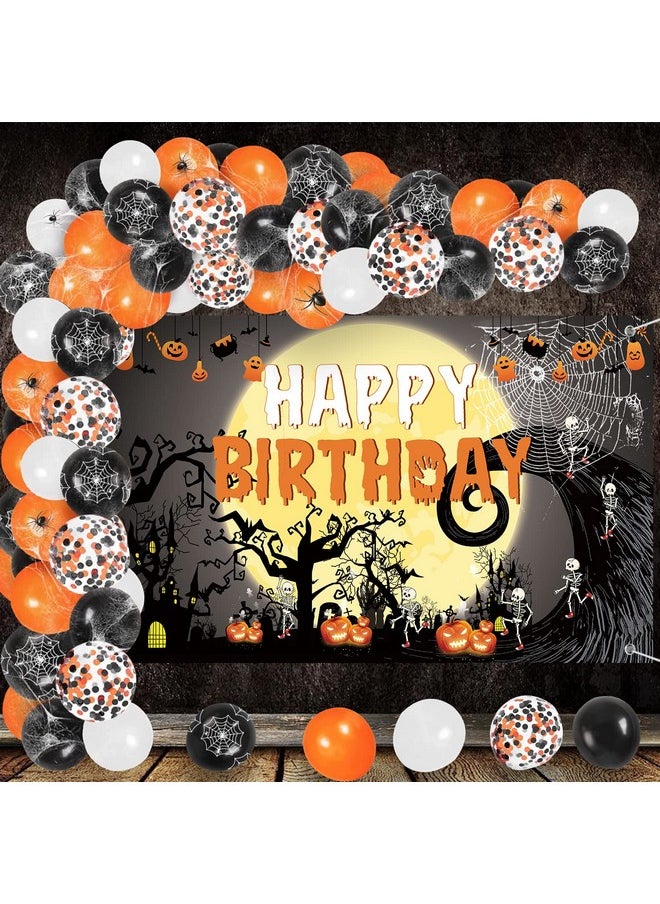 Happy Birthday Halloween Fabric Sign Poster Banner Backdrop Metallic Shiny Latex Balloons For Halloween Photo Booth Background Party Decorations Supplies