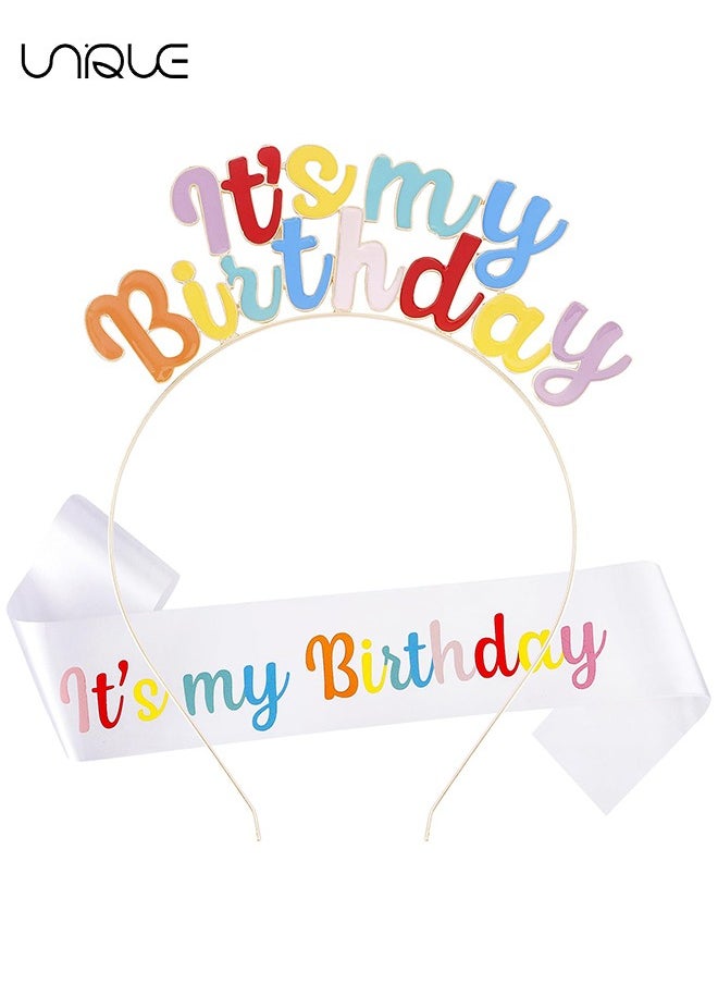 Birthday Girl Headband Crown and Sash Set - Metal Birthday Hair Hoop and Flash Letter Sash - Birthday Decorations Party Gifts (Colorful)