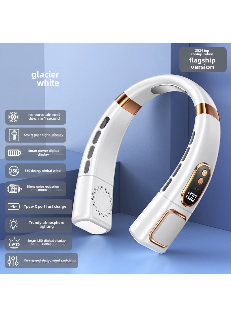 New Neck Fan with LED Light Display Rechargeable Mini Portable USB White Flagship Edition [Fifth Gear Digital Display + Lighting + Ice Porcelain + Type-C Interface]]