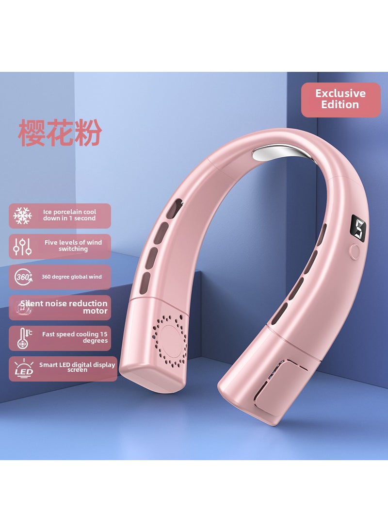 New Neck Fan with LED Light Display Rechargeable Mini Portable USB Pink Premium Edition [Fifth Gear Digital Display + Ice Porcelain]]