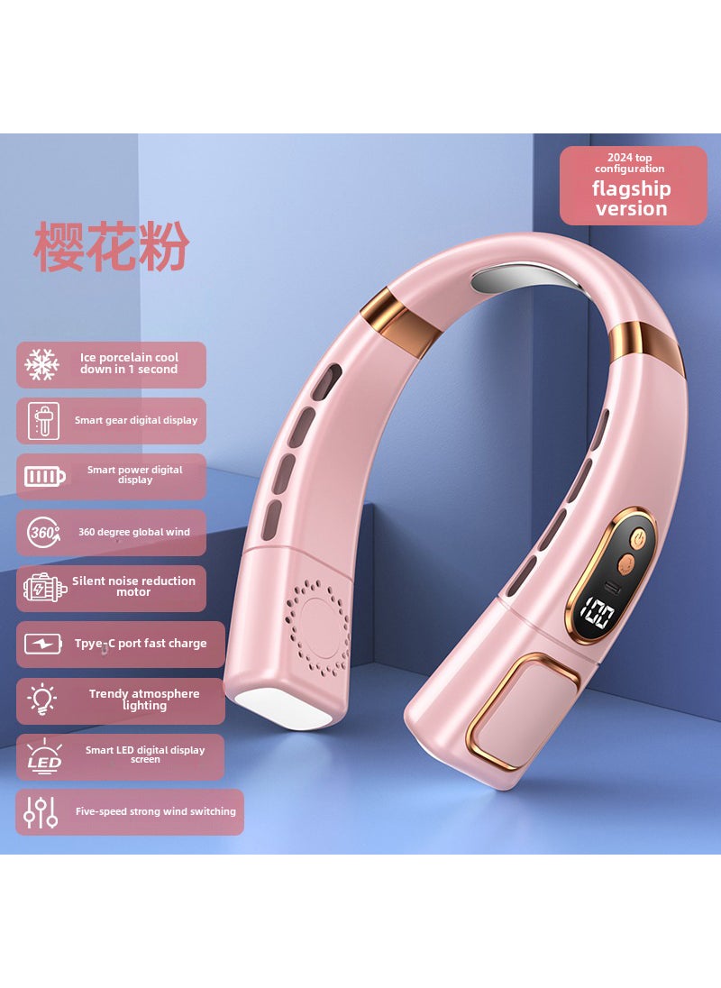 New Neck Fan with LED Light Display Rechargeable Mini Portable USB Pink Flagship Edition [Fifth Gear Digital Display + Lighting + Ice Porcelain + Type-C Interface]]