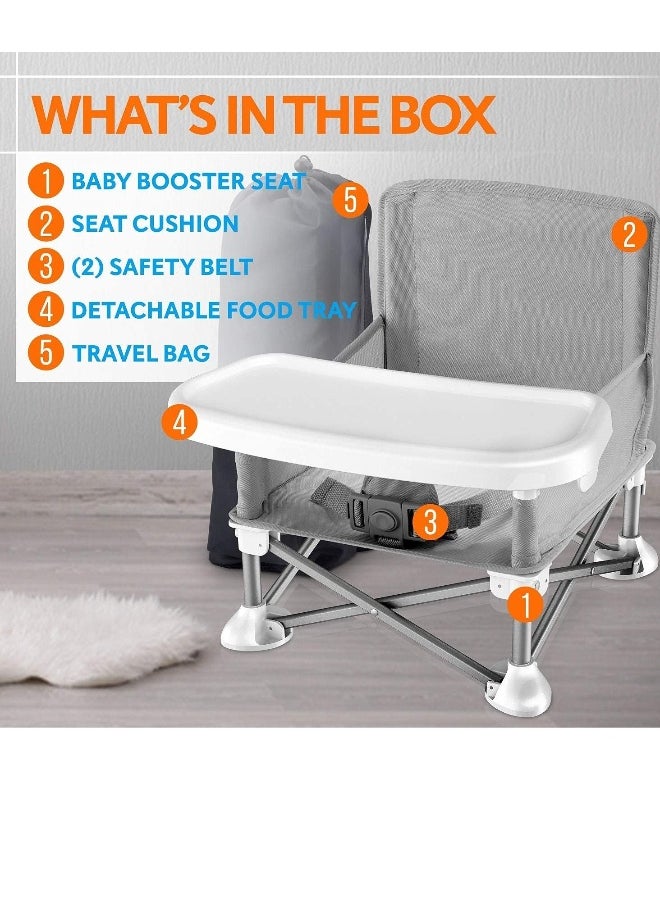 Baby Travel Booster Seat, Toddler Dining Chair with Removable Dining Tray, Portable Baby Seat for Feeding, Playing, Beach, Picnic (Grey)