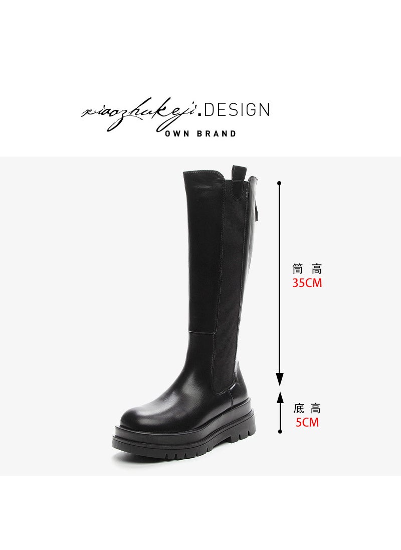 2023 Leather Thigh-High Boots Slimming Fashion Black single