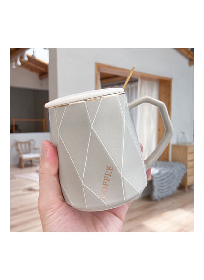 Scandinavian Style Diamond-Shaped Lines Coffee Mug With Lid And Spoon Grey/White/Gold