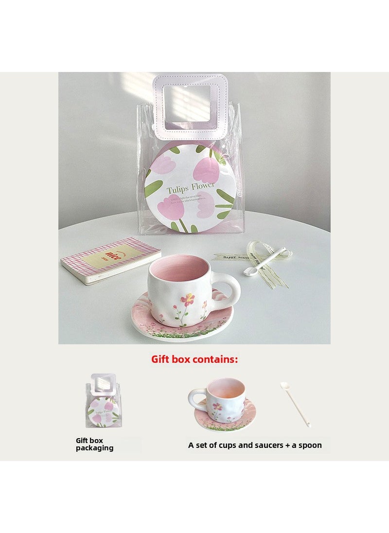 Pink Floral Ceramic Coffee Cup Set for Afternoon Tea Gift box: a cup of a plate of a spoon