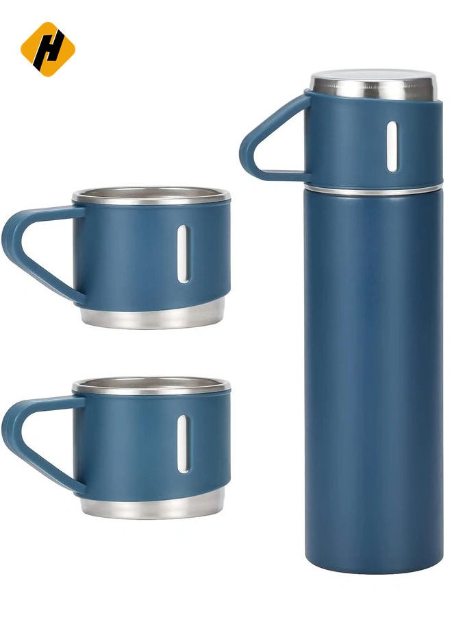 500ml/17 OZ Stainless Steel Coffee Thermo Vacuum Flask Set, Insulated Water Bottle with Three Cup for Hot and Cold Drinks, Blue