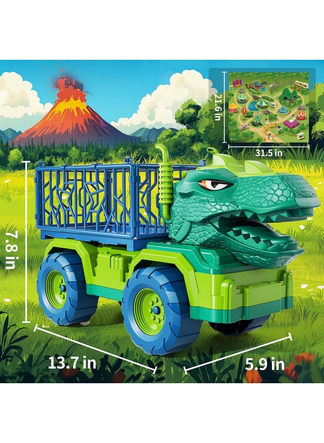 Dinosaur Truck Toys For Kids 3-5 Years, Tyrannosaurus Transport Car Carrier Truck With 8 Dino Figures, Activity Play Mat, Dinosaur Eggs, Trees, Capture Jurassic Play Set For Boys And Girls