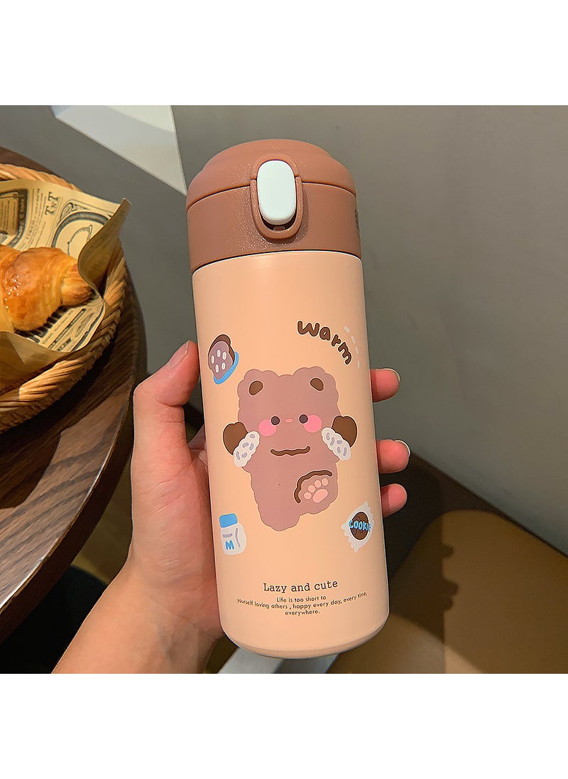 Cartoon vacuum cup with straw cute student winter water Cup Portable leak-proof lock High-looking stainless steel cup Brown