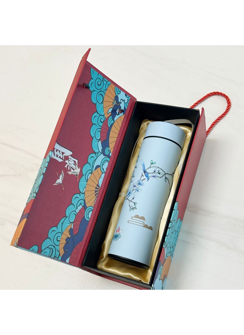 Vintage Chinese Smart Thermal Flask Insulated Stainless Steel Cup National style gift box sky blue