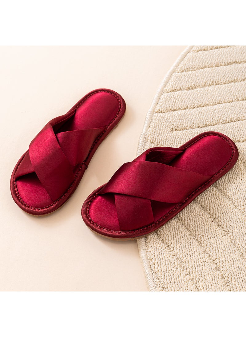 Wedding Morning gown slippers festive red couple bridegroom bride bridesmaid high-grade satin couple home slippersWine red Wine red