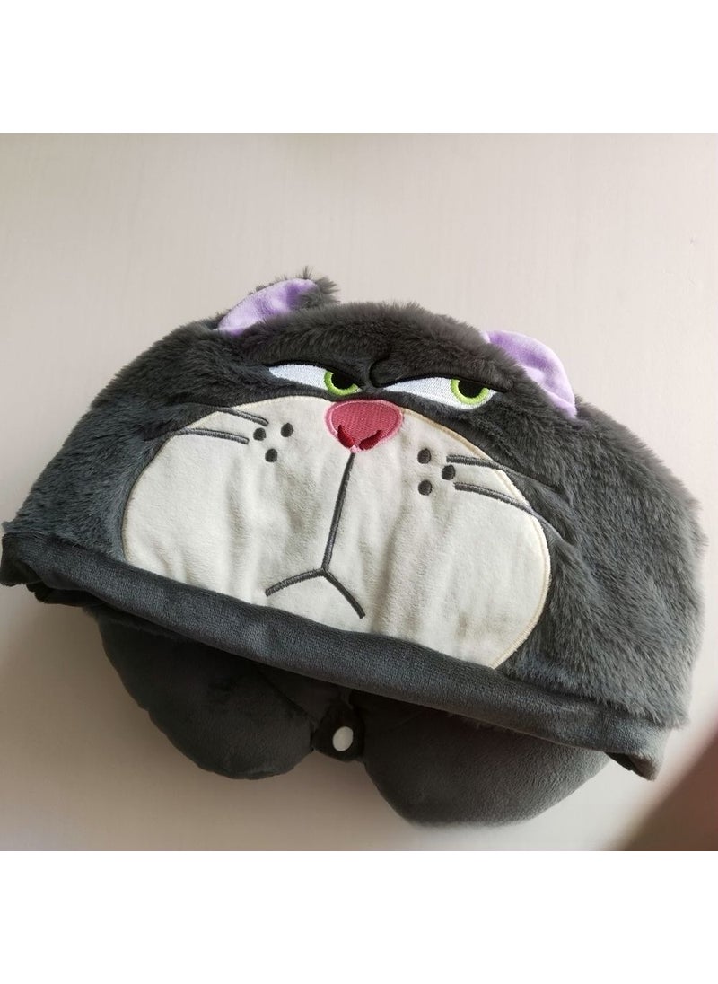 Cute Plush Hooded Neck Pillow Angry Duck U-shaped Travel Cushion gray cat